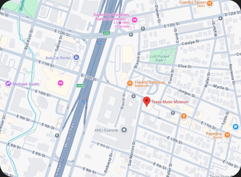 A map view showing the location of the Texas Music Museum in Austin, Texas, marked by a red pin. The museum is near Franklin Barbecue and Lott Pocket Park, located on East 11th Street, east of Interstate 35. 