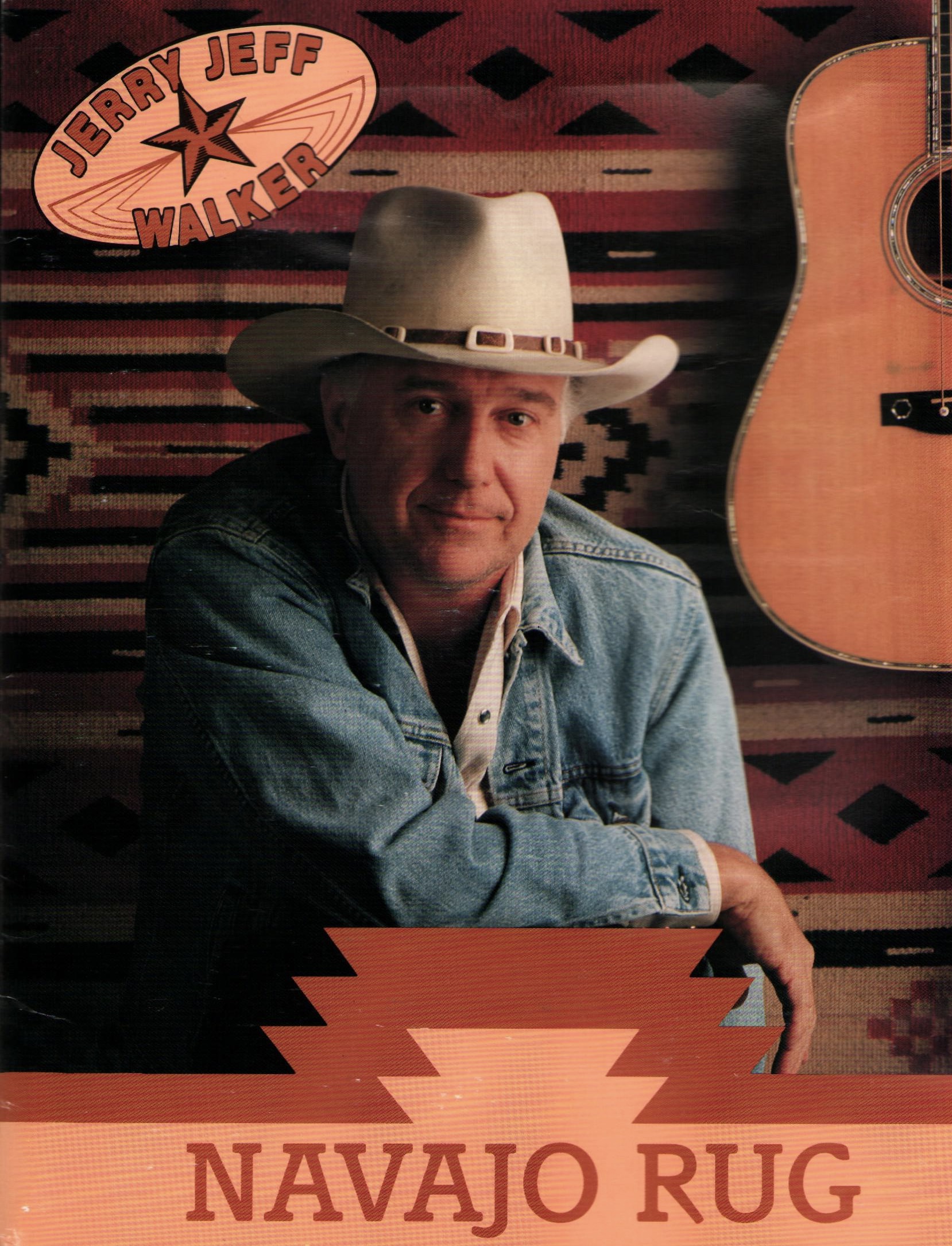 Album cover for Jerry Jeff Walker's 'Navajo Rug.' Jerry Jeff Walker is wearing a cowboy hat and denim jacket.